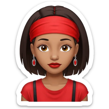 light-skinned black girl with long eyelashes with long strait dark brown hair with edges wearing a red top with no sleeves. and a red accessory on her head with nose and mouth piercings. sticker