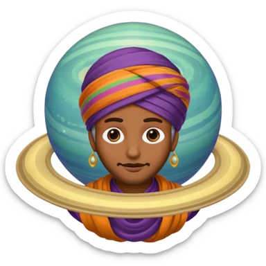 A bold emoji-style illustration with Saturn 🪐 as the dominant element, clearly showing its bright rings. Inside the planet, a stylized man wearing a colorful turban 👳🏾‍♂️, depicted as a mystical or adventurous character, sitting or floating within Saturn, integrated with the planet’s texture. . sticker