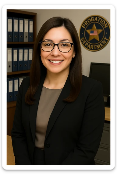 Edit the image to make the female probation department administrative services manager smile. Keep her long brown hair, brown eyes, and dark framed glasses. She should be in professional attire and the setting should remain an office. Focus on an upper body portrait style, maintaining a professional and approachable look. sticker