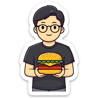 asian guy with glasses, middle part hair, square jaw, wearing a black t-shirt and shorts, holding multiple big macs sticker