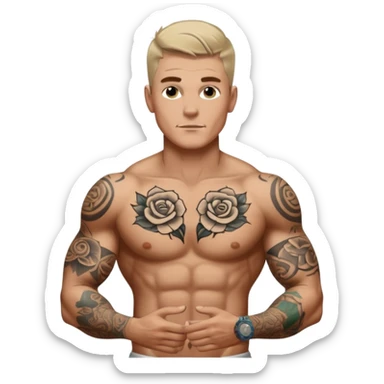 tattoo man, white skintone, more highlight the tattoo, body builder, heavy tatto0s on fully chest, more tattoos on the body, more visible tattoo, big tattoos, tattoos on face. sticker