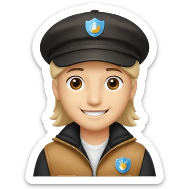 Créame a un chico blanco con gorra negra con el pelo castaño y qué tenga una chaqueta blanca más animado sticker