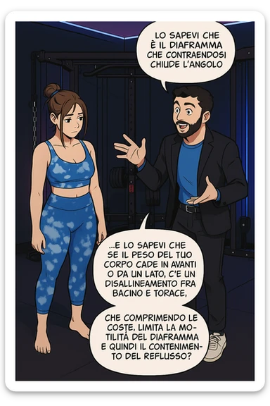TRASFORMA QUESTO CAROSELLO IN UN FUMETTO STILE WEBTOON/MANGA A COLORI CON QUESTE DUE PERSONE IDENTICHE CHE INTERLOQUISCONO TRA LORO, L'uomo sta spiegando alla donna questo concetto:

LUI (UOMO): Hai controllato diaframma e baricentro corporeo?
LUI (UOMO): Lo sapevi che è il diaframma che contraendosi chiude l’angolo his fra stomaco ed esofago, contenendo la risalita degli acidi grassi?
LUI (UOMO): …e lo sapevi che se il peso del tuo corpo cade in avanti o da un lato, c’è un disallineamento fra bacino e torace, che comprimendo le coste, limita la motilità del diaframma e quindi il contenimento del reflusso? sticker