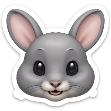 Head of a grey rabbit in Apple emoji style, round face, soft grey fur, big black eyes, perky ears, gently showing two front teeth in a subtle smile, front-facing, clean and glossy look
 sticker