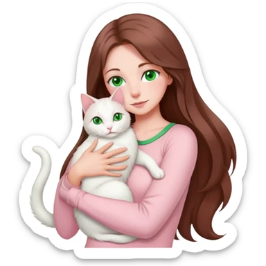 woman with very long brown hair and green eyes in a light pink outfit hugging a white cat sticker