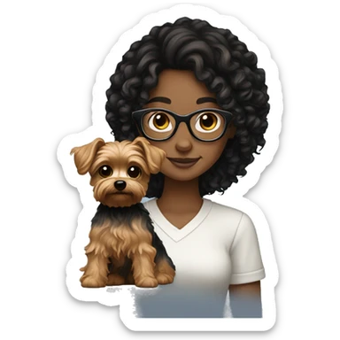 White girl with curly black hair and glasses holding brown Yorkie  sticker