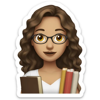 white skin woman with dark brown long wavy hair holding books woman sticker
