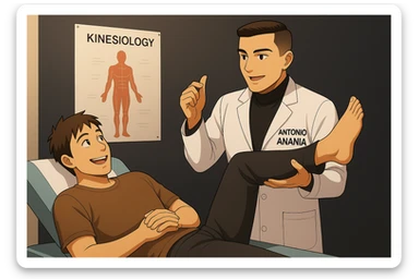 su questo lettino rappresenta un webtoon manga a colori con questo stile, in cui un uomo è steso sul lettino medico e il kinesiologo con il camice bianco (fagli anche la scritta "ANTONIO ANANIA" SUL CAMICE, gli solleva una gamba per fargli il test neuromuscolare, IL KINESIOLOGO SPIEGA ALL'UOMO UNA cosa mentre gli alza la gamba. l'espressione dell'uomo è felice e soddisfatta, non fare i fumetti però, fai solo in modo che sembri stiano parlando sticker