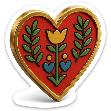 Emboss the gold border around the red heart, making it appear raised and metallic, while preserving the simple Scandinavian folk art illustration style, transparent background, and all other details unchanged. sticker