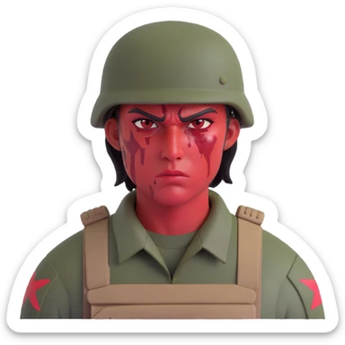 soldier, red skin tone, scowling, blood splatter on left cheek sticker