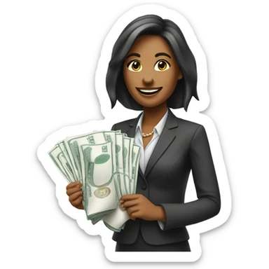 business woman with a piece of paper in the right hand and money in the left. Holding hands up and smiling. sticker