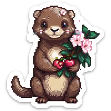 cute otter holding a cherry blossom flower sticker