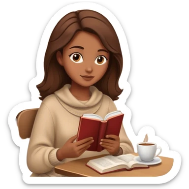 Brown haired woman in a cozy beige outfit reading a book in a cozy, quiet café sticker