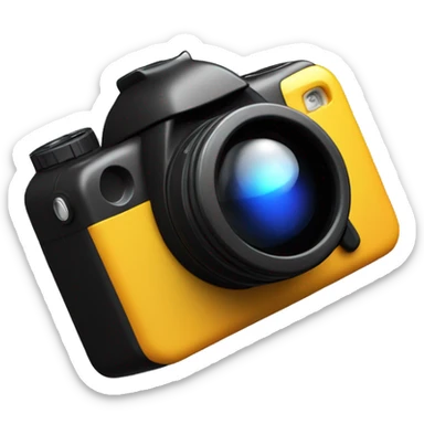 In the center of a pure black background, a 3D mimetic digital camera is facing the lens at a 0-degree angle sticker