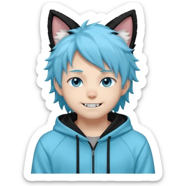 A fluffy anime-style male character with black fur, cat ears, a long fluffy tail, and sharp blue eyes. He wears a light cyan hoodie that says 'Imagine and go with the flow' and matching sweatpants. He has sharp fangs that show when he smiles, giving him a playful but mysterious vibe. sticker