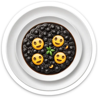 cinematic-realistic-black-risotto-dish-emoji,-showcasing-small ring pieces in black sauce -rendered-with-bold-textures-and-dynamic,-dramatic-lighting in a white plate sticker