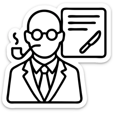 minimal icon of a serious elegant scholar with pipe, glasses, suit, standing before a document with stylized writing hinting at AI chat window, scalpel motif present, color palette inspired by vintage libraries and Cambridge, sophisticated and technical sticker