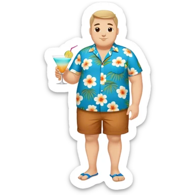 chubby guy full figure in a flowered azure havai shirt, brown shorts and flippers holding a cocktail sticker