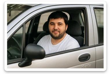 mana shu rasmdagi odam matiz mashinasining haydovchi o'rindig'ida o'tirib oynasidan kameraga qarab turgan holatini tasvirlab ber sticker