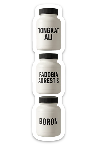 4 boccette di integratore: Tongkat Ali, Fadogia Agrestis, Boron e Zinco fluttuano in aria verticalmente sticker