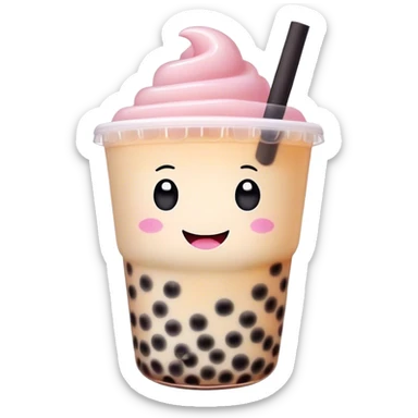 Cinematic pastel-colored bubble tea, chubby cup with a smiling face, tiny black tapioca pearls peeking out, soft glowing background, playful and adorable. sticker