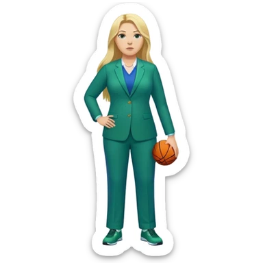 Full Body white plus size female basketball head coach with long blonde hair in a blue and green suit sticker