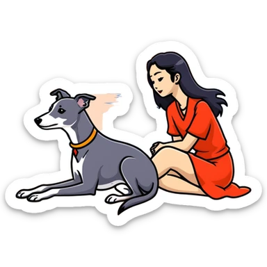 A very beautiful and attractive 25-year-old Chinese woman with long flowing black hair and a SOLID DARK GREY whippet sitting together on a beach during a beautiful sunset. The whippet MUST be COMPLETELY SOLID DARK GREY with ABSOLUTELY NO WHITE MARKINGS ANYWHERE - no white chest, no white face, no white paws, no white tip on tail - ENTIRELY ONE SOLID DARK GREY COLOR throughout the entire dog. Orange and red sunset sky over the ocean, sandy beach in the foreground. sticker