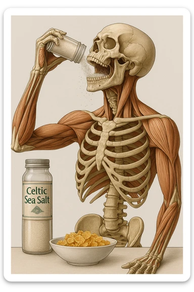 Create a vertical hyperrealistic 4K medical illustration in the style of the reference image. Depict an anatomically correct human body eating Celtic salt from a clearly labeled jar, breakfast context. The background should be neutral and clear, with extreme detail and vertical format. Maintain the ultra-detailed medical illustration style as in the reference. sticker