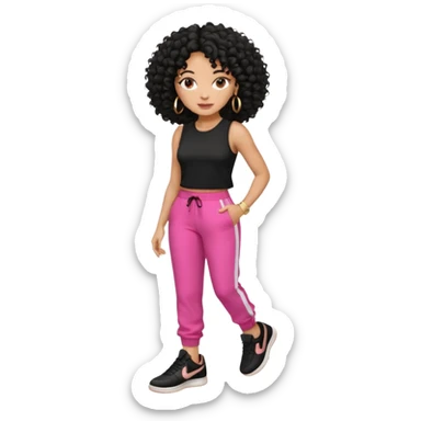 Black woman, adult, 4C black curly hair, dark brown eyes, wearing black top, pink pants, black sneakers, gold hoop earrings comendo fitness sticker