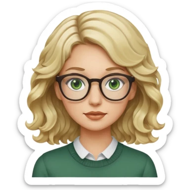blonde woman, age 25-30, green eyes, wavy hair, wearing glasses, modern product designer sticker