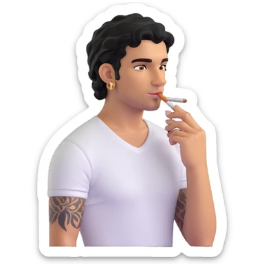 Italian man with tanned skin, curly black hair in short bob style, stubble, olive eyes, gold earring in left ear, white t-shirt, black tattoo on forearm, smoking cigarette sticker