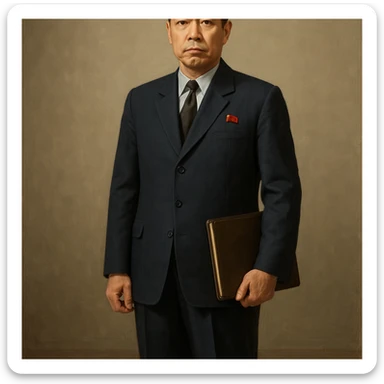 Official portrait of a North Korean man, head of the hull production workshop at a shipyard, serious and formal style, dark suit, neutral background, confident and focused expression, style inspired by Soviet and North Korean official portraits, full body, not cropped sticker