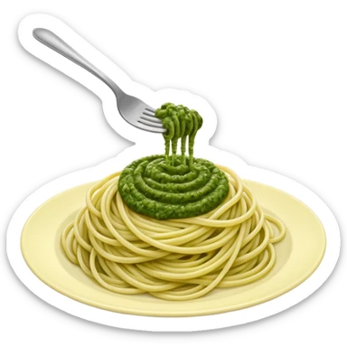 spaghetti twirled on a fork with green pesto, close-up sticker