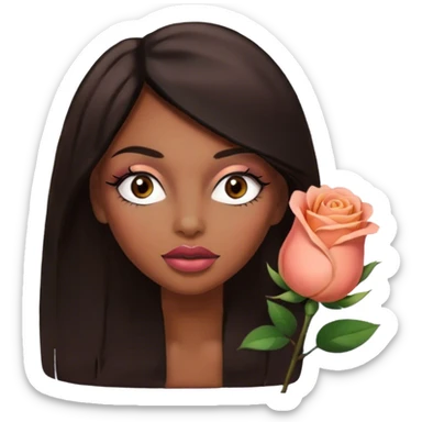 Glamours, brown, very beautiful girl, with big pump peach-beige-rose lips, long long lashes, black straight smooth silky long hair, straight parting hair, brown eyes sticker