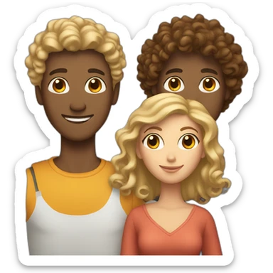 Three friends, a brown blond man, a curly woman, a woman with straight hair sticker