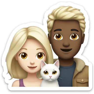 Couple white skin man w black hair, blonde hair and white skin girl with a white cat sticker
