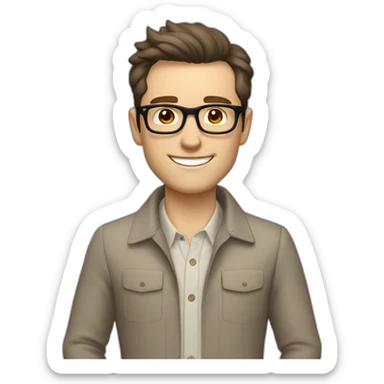 Joyful Pale skinned Fit Man With dark brown hair in gray jacket, beige office shirt, Brown pants and vintage glasses. His thrumbs up sticker