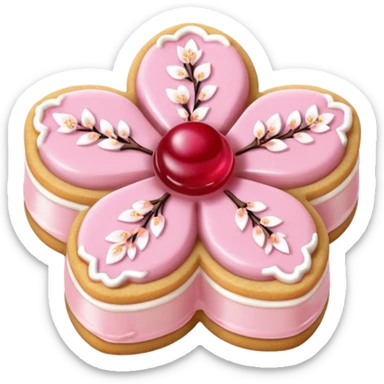 Realistic shortbread cookie in the shape of a cherry blossom with pale pink color jelly middle filling and sprinkled powder sugar on top. sticker