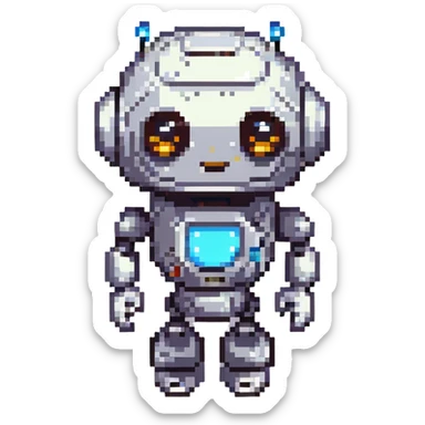 A cute, cartoonish, and friendly robot with a round head, big expressive eyes, and a small body, giving off a welcoming and helpful vibe sticker