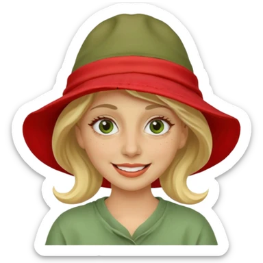 messy green clay mask and red tourist hat blond braided woman big eyes smiling and clay mask on face sticker