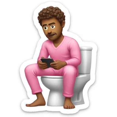 man stressing on toilet with pink panama’s and a pink phone sticker