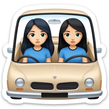 Two girls both with black long hair one with a blue shit one with a black shirt in a white car driving to a destination sticker