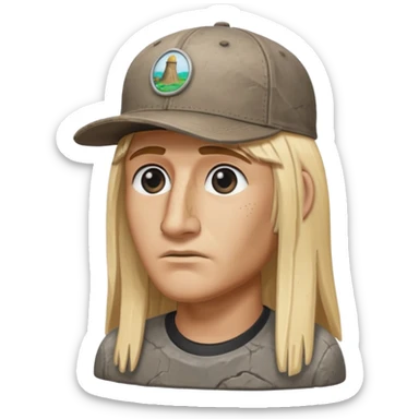Easter island head rock with long blonde hair and a backwards baseball cap sticker