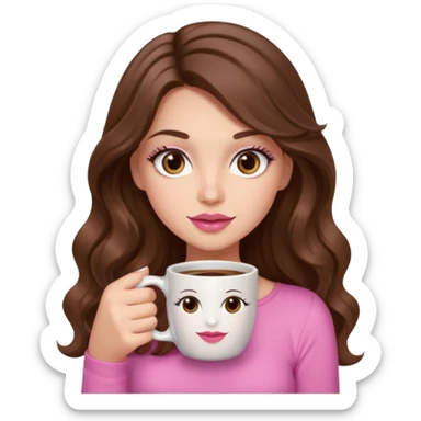 girl with long wavy brown hair, brown eyes, long lashes, pink lips, light to medium complexion, pink sexy top, with a coffee mug sticker