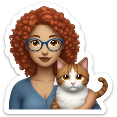 a curvy girl with red curly hair and blue glasses with a white and gray cat in her arms sticker