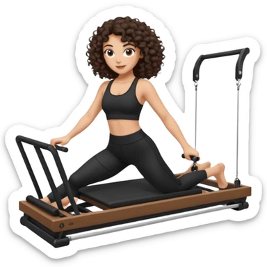 brunette,curly hair shoulder lenght,turkish,beautiful,with some eyelined eyes, 3b girl doing reformer pilates with black pilates cutesy set,on reformer machine,making different moves. sticker