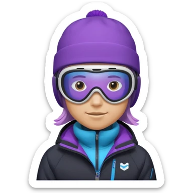 Pro Snowboarder with white and grey beanie, ONE pair of purple and blue frameless goggles on and a black jacket sticker