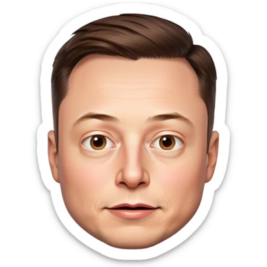 A highly detailed, photorealistic emoji-style illustration of just Elon Musk's head, no neck. The rendering should closely match his real facial features, skin and hair, with hyper realistic shading and lighting. Transparent background sticker