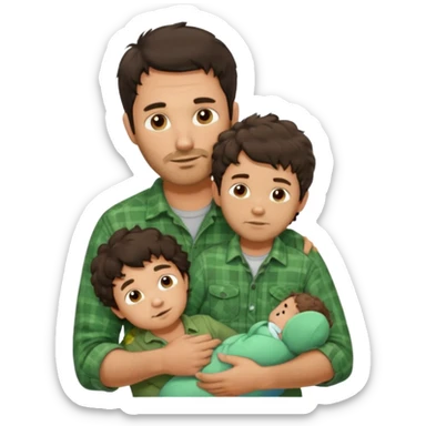 A father with messy medium-length dark hair and light stubble, wearing a green flannel shirt. He holds his child who has short curly brown hair and a cream-colored romper. Cozy warm lighting, authentic family moment. sticker