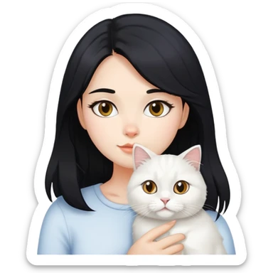 black hair girl with British Longhair white cat sticker